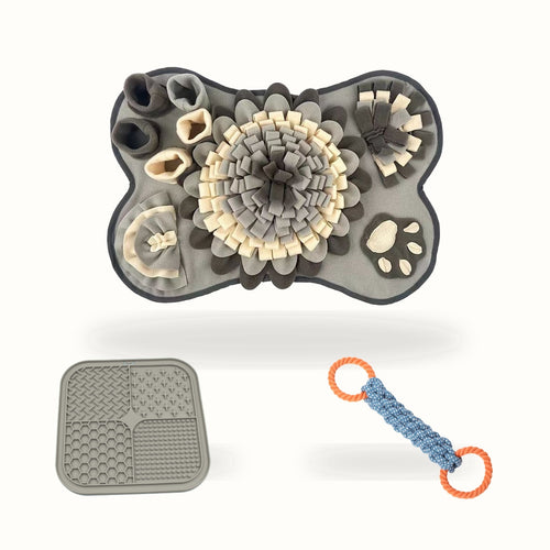 Snout & Settle complete Calm Kit with grey Snuffle Mat, grey Lick Mat and Rope Toy